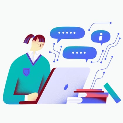 Cartoon of student at a laptop