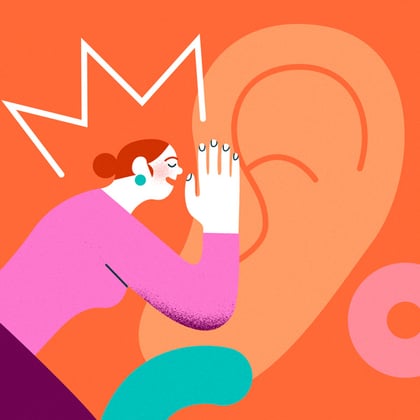 Illustration of a red-haired girl listening to a giant ear.