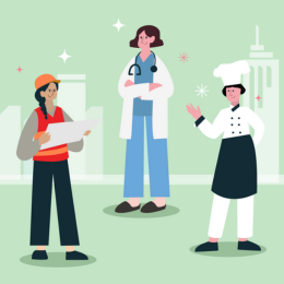 Drawing of 3 women portraying different professions: a doctor, a chef and a construction manager