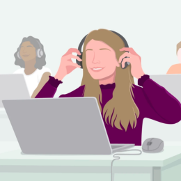 Drawing of young woman in front of laptop putting headphones on