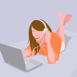 Drawing of young woman with her headphones listening to something on her laptop