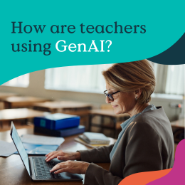 Female teacher using a laptop at her desk. Text: How are teachers using GenAI?