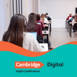 Students taking a digital exam. Text: Cambridge English Qualifications Digital
