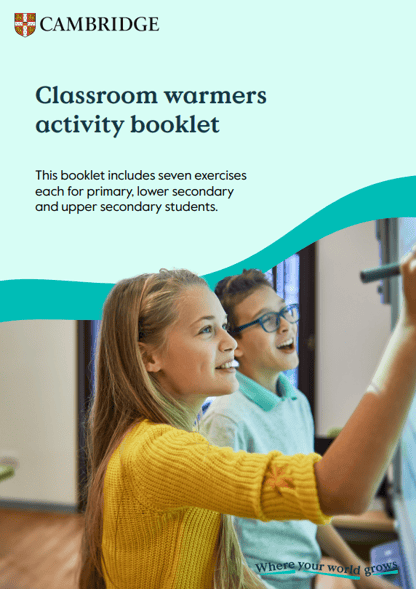 Boy and girl students writing on a board. Text: Classroom warmers activity booklet