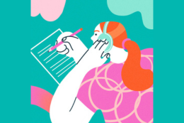 Illustration: a student on her headphones taking an exam