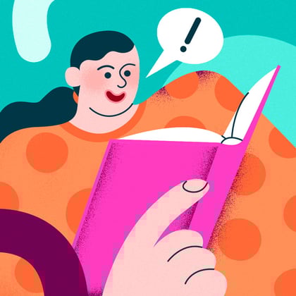 Illustration: woman reading, speech buble with "!" in it
