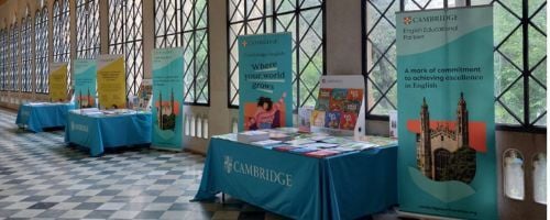 Cambridge stands with Cambridge English products on display