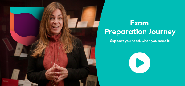Female presenter stands in front of Cambridge shield. Text: Exam Preparation Journey. Support you need, when you need it.