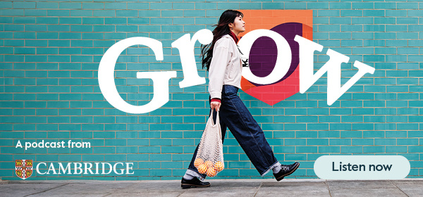 Grow podcast banner - woman walking holding a bag