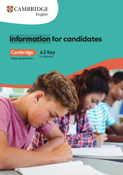 Image of front cover of the A2 Key for Schools Information for candidates booklet.  