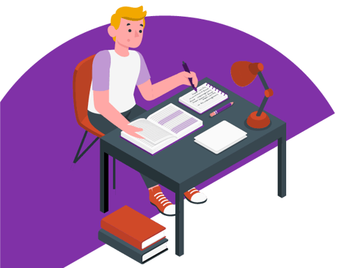 Illustration of boy studying with desk and books.