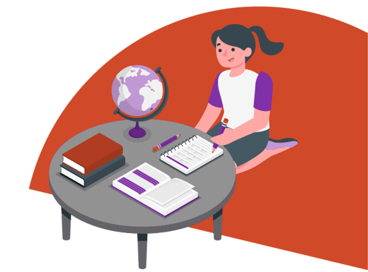 Illustration of girl studying with desk and books. 