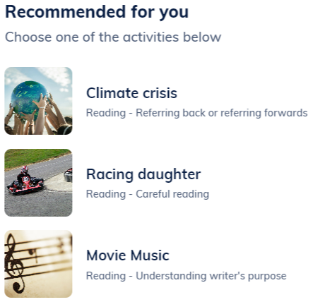 Screenshot of Mosaic reading activities