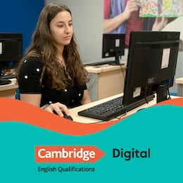 Female student studies at her desk on a computer. Text: Cambridge English Qualifications Digital