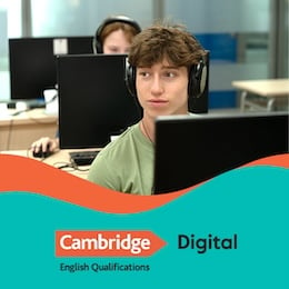 Young male student wearing headphones taking a digital exam. Text: Cambridge English Qualifications Digital