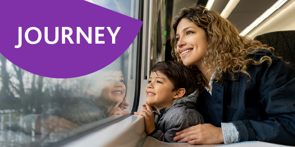 Mother and son on train on a journey