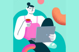 Illustration of a girl with her laptop and drinking a coffee