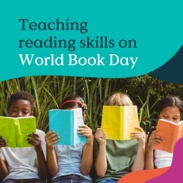 Four young children reading books outside. Text: Teaching reading skills on World Book Day.
